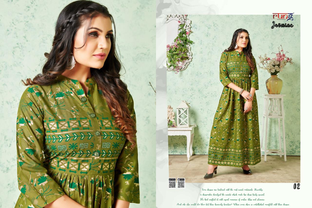 Rung Jasmine Latest Fancy Designer Casual Wear Rayon Gold Print Long Kurtis Collection
