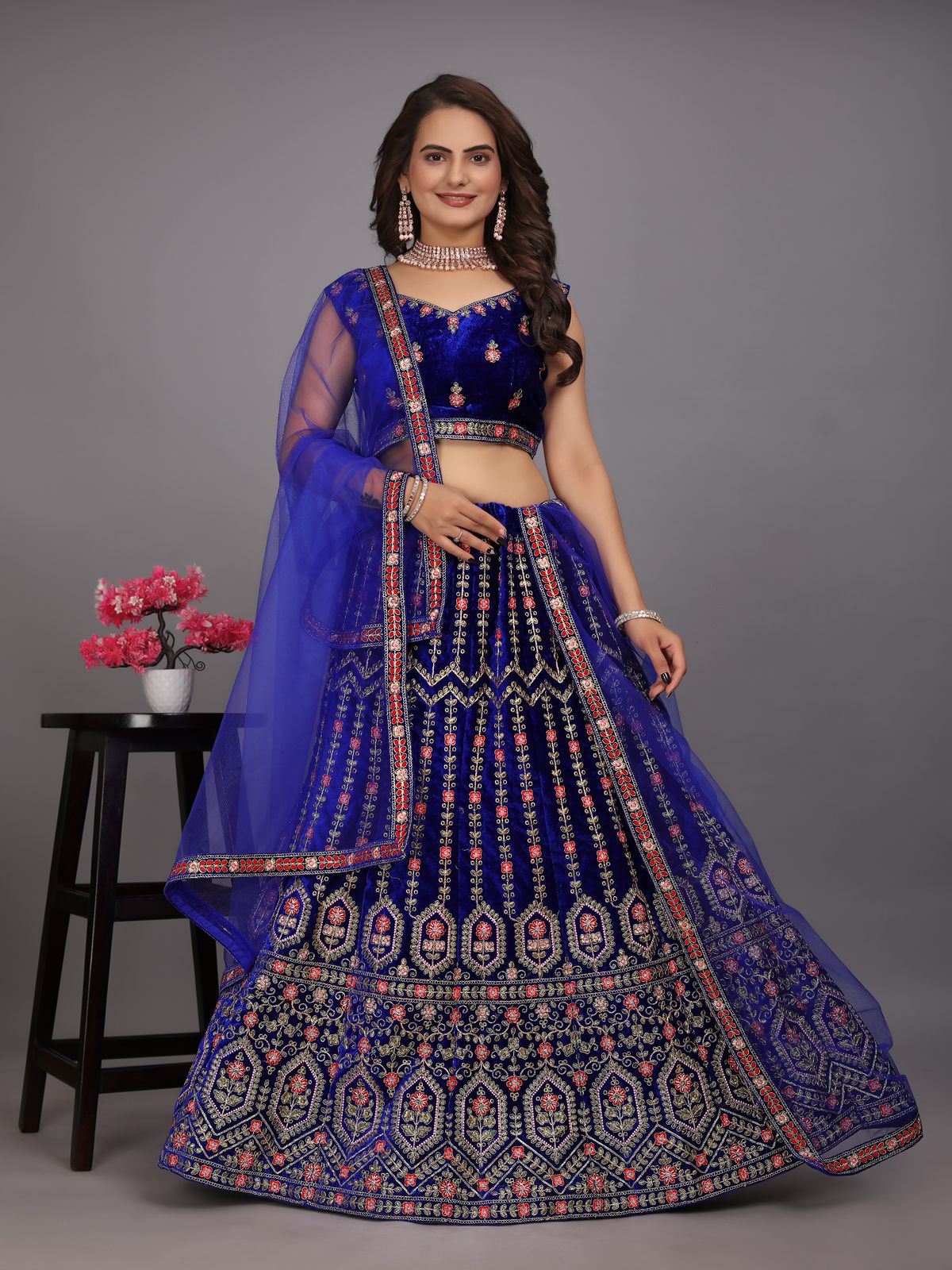 DC L48 Navy Blue Colour Embroidered Party Wear Velvet Lehenga choli Surat Wholesale Market