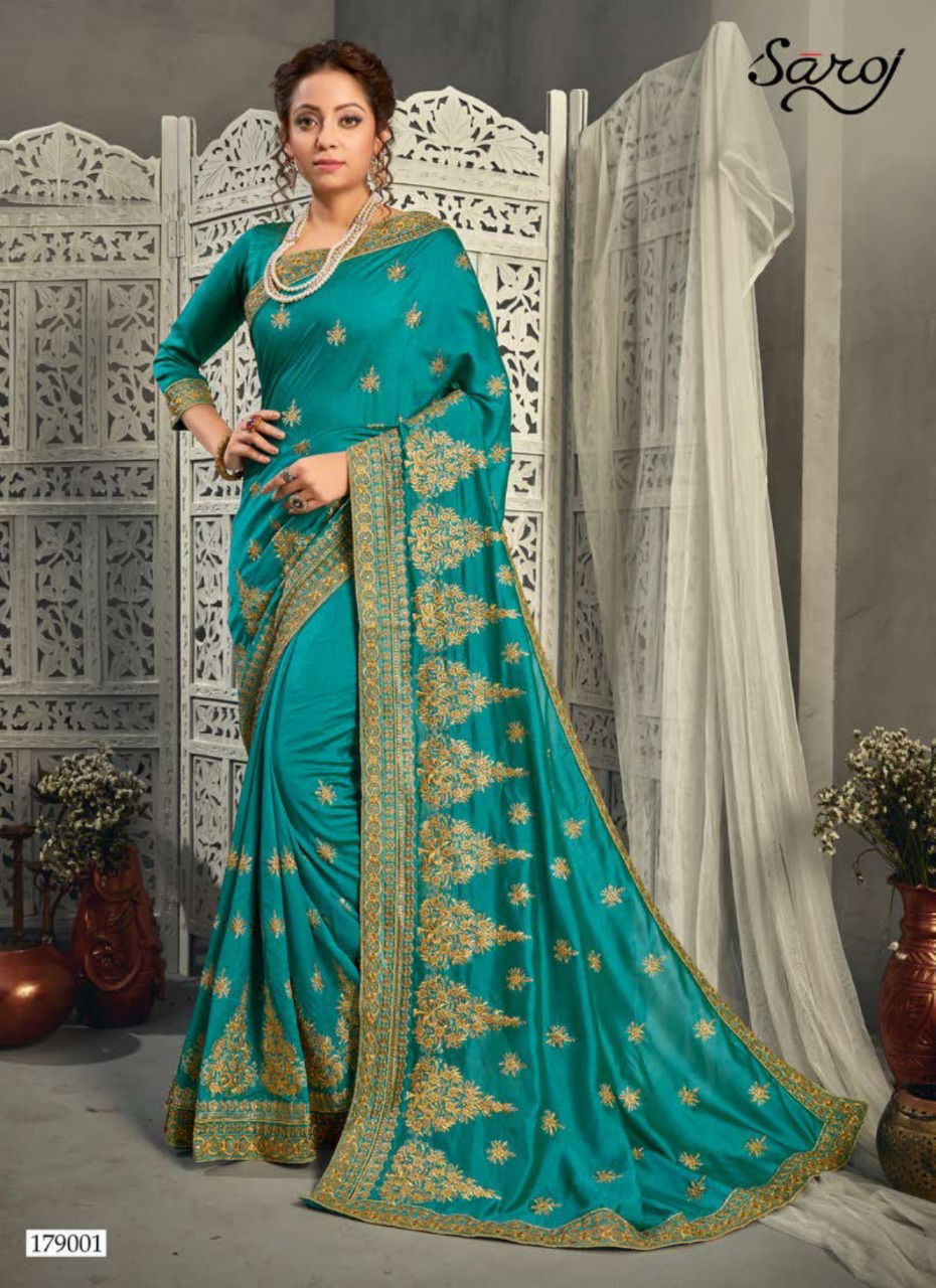 SAROJ VIDHA Latest Fancy Designer Heavy Festive Wear Vichitra Silk With Heavy Embroidery and Diamonds Work and Butti Saree Collection