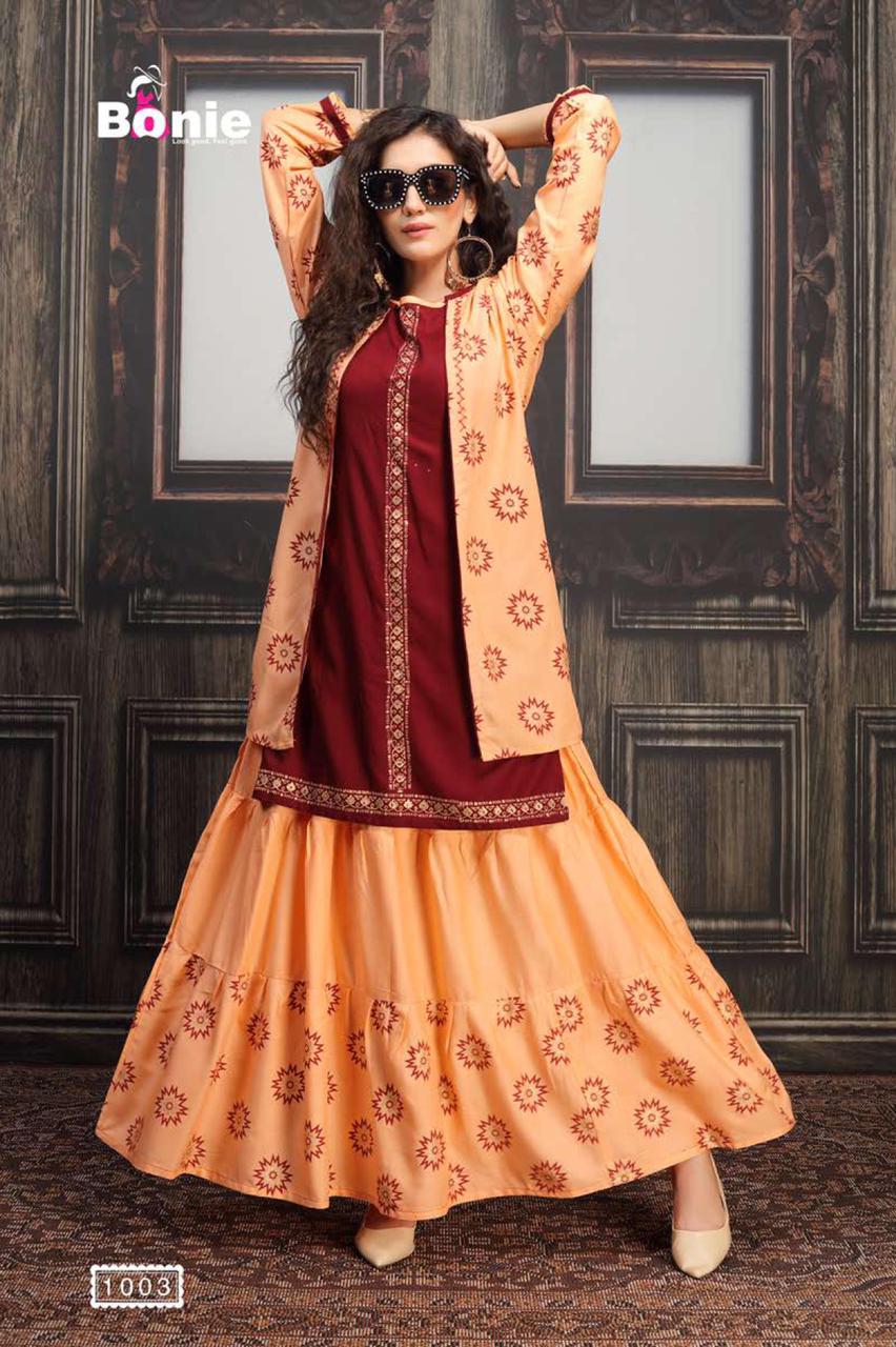 Bonie Jacket House Fancy Party Wear Jacket With Skirt rayon Printed Kurtis Collection
