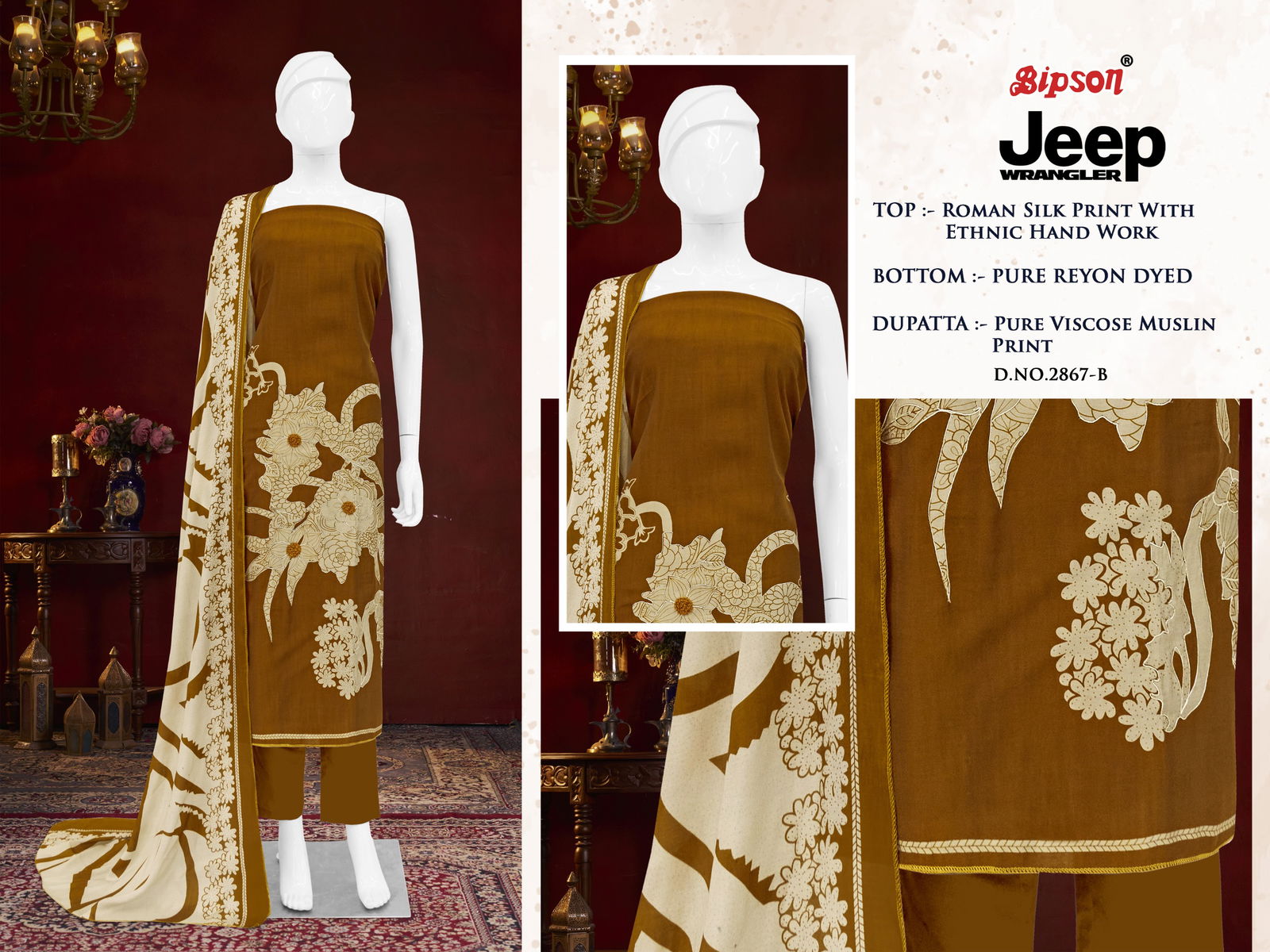 Jeep Wranglar 2867 By Bipson Roman Silk Printed Dress Material Suppliers In India