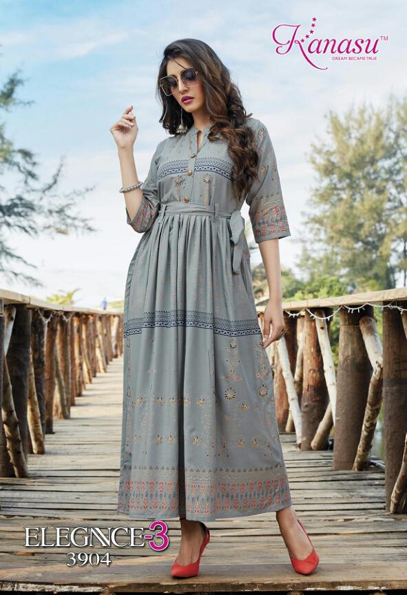 Kanasu Elegance 3 Latest Fancy Designer Heavy Casual Wear Rayon Gold Printed Stylish Kurti Collection
