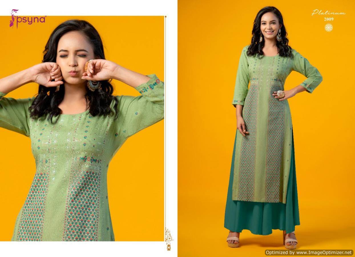 Psyna Platinum 2 Latest fancy Designer Ethnic Wear Heavy Rayon Gold Printed Kurti Collection
