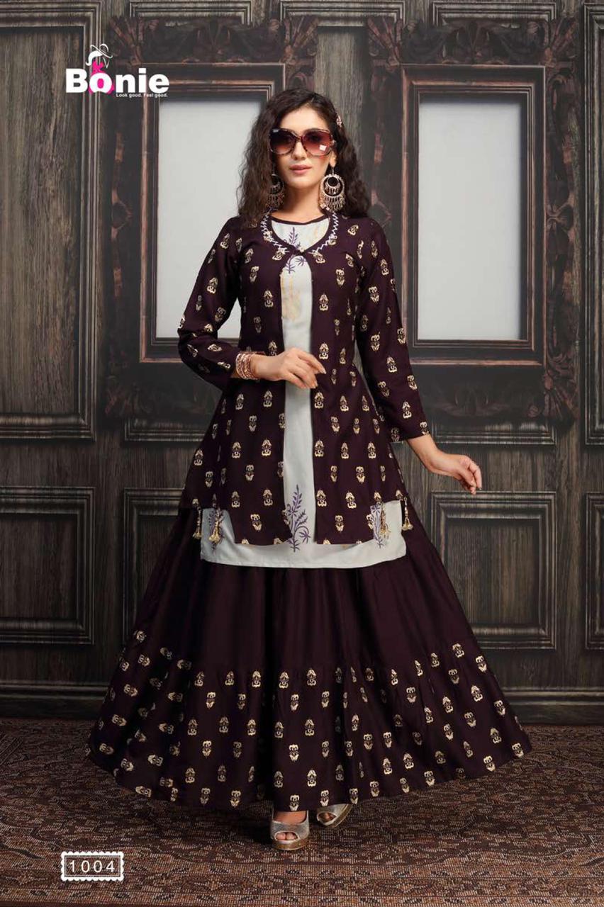 Bonie Jacket House Fancy Party Wear Jacket With Skirt rayon Printed Kurtis Collection
