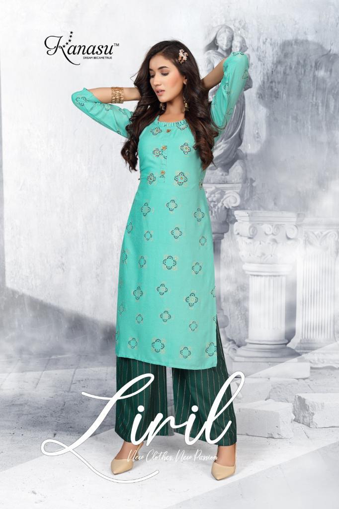 Kanasu Liril Fancy Ethnic Wear Rayon Printed Kurtis With Palzzo Collection
