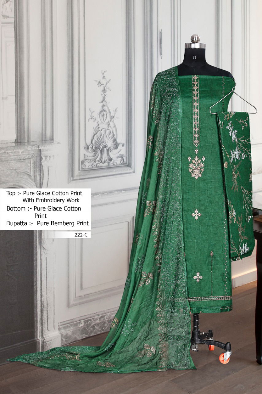 BIPSON 222 COLOURS Exclusive Designer Cotton Glace Print with Embroidery work Top With Chiffon Print Dupatta Dress Material Collection