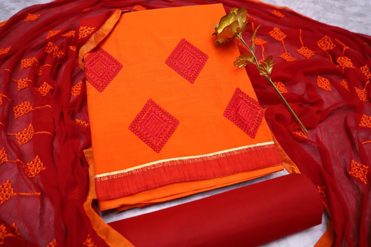 Maahi South Cotton Slub With Embroidery Work And Najmeen Embroifery Work Dupatta Dress Mterial OR Ready Made Collection