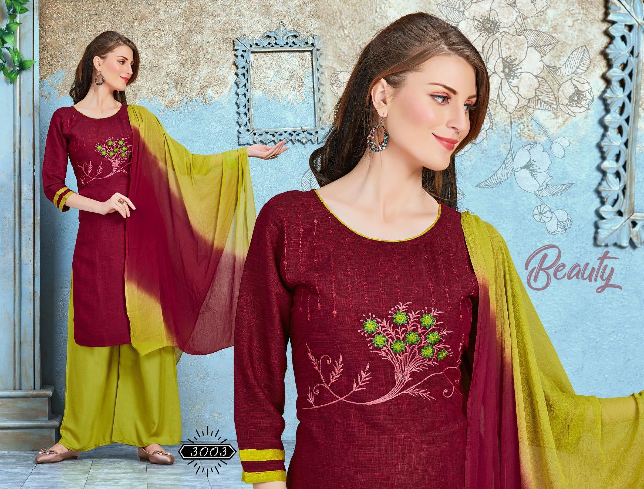 Latest Trendy Daiinty Regular Wear Ready Made Rayon Embroidered Plazzo Suit Collection 