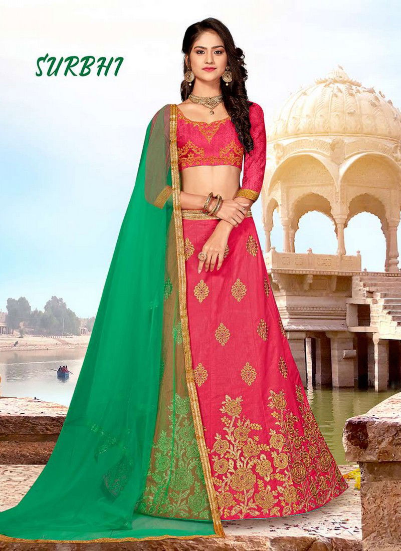 Rani And Yellow Saanchi Surbhi Wedding Designer Bridle Embroidered Silk Lehenga Choli Collection