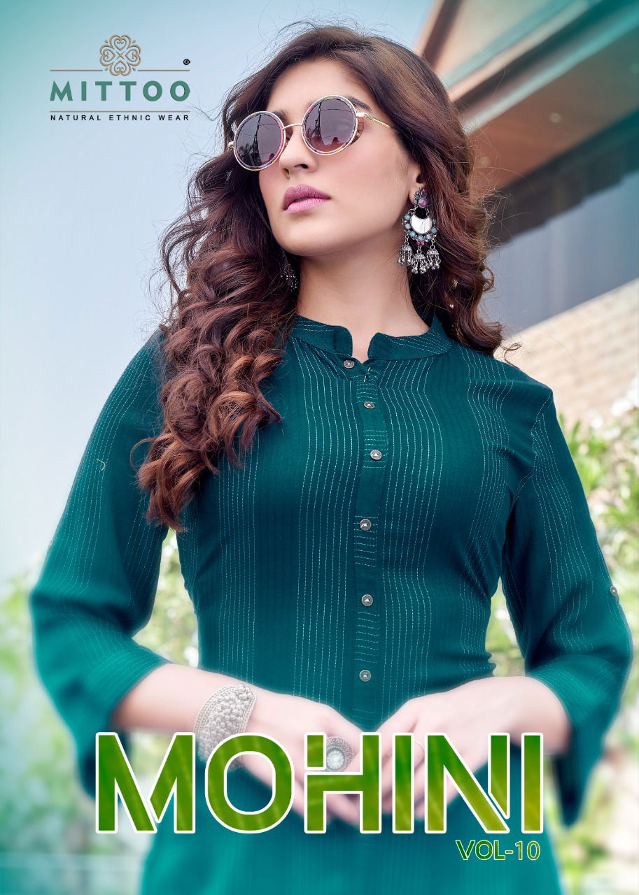 Mittoo Mohini 10 Stylish Party Wear Rayon Weaving Strips Kurtis With Bottom Collection
