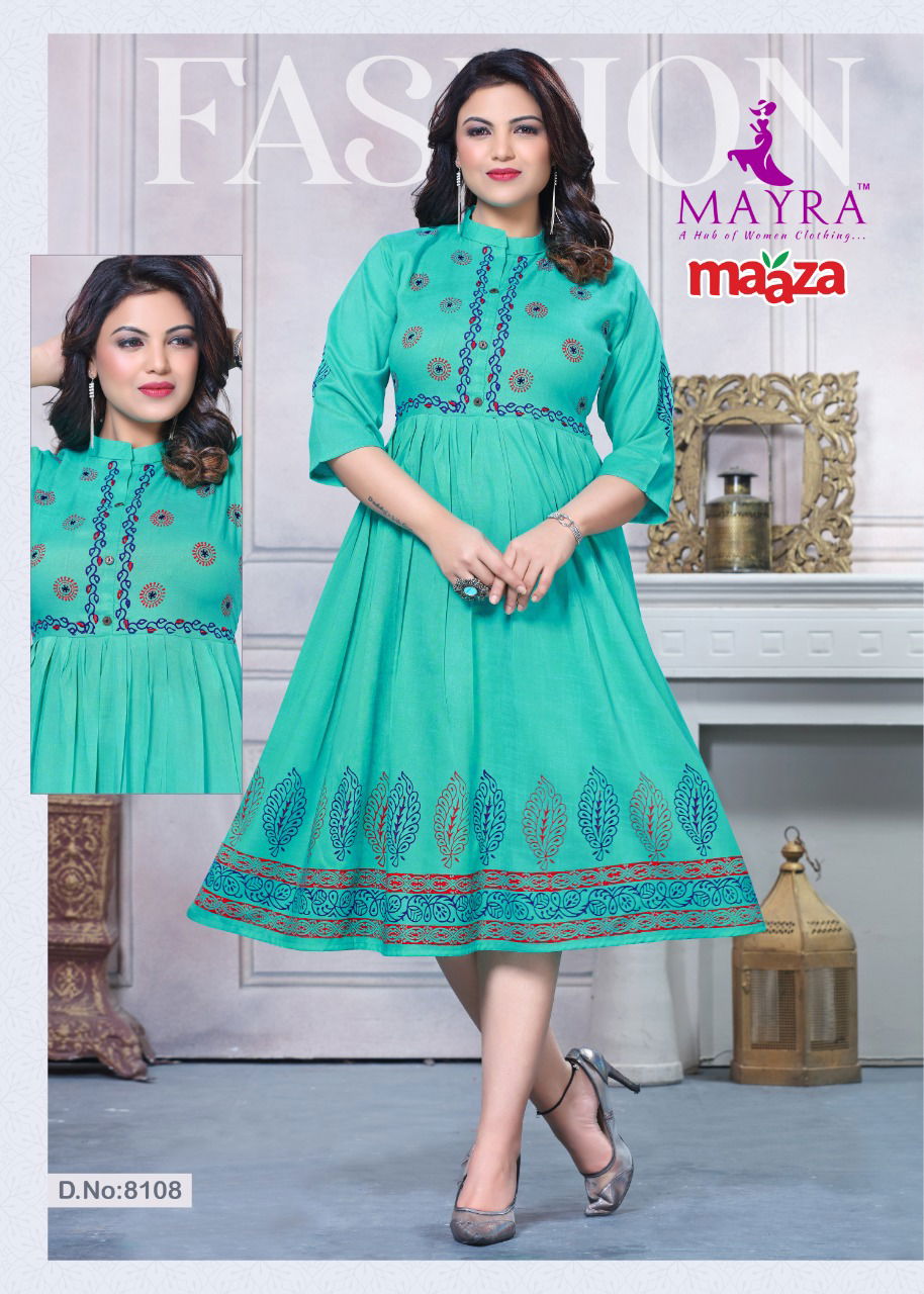 Mayra Maaza Flair Latest Fancy Style Long Casual Wear Anarakali Rayon Designer Kurtis Collection
