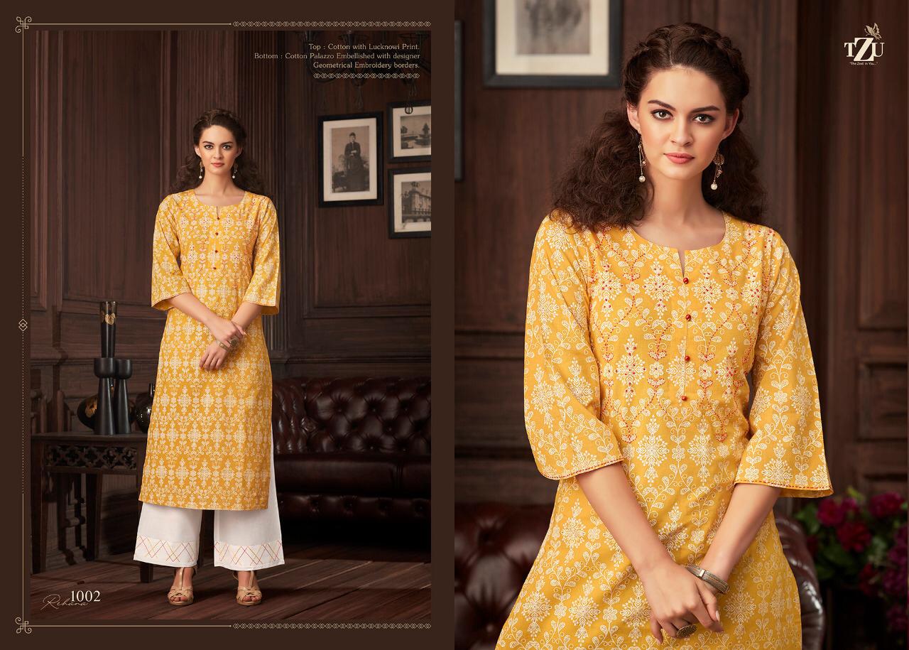 TZU REHANA Latest Casual Wear Lucknowi Print With Embroidery Work Pure Cotton Kurti With Palazzo Collection 