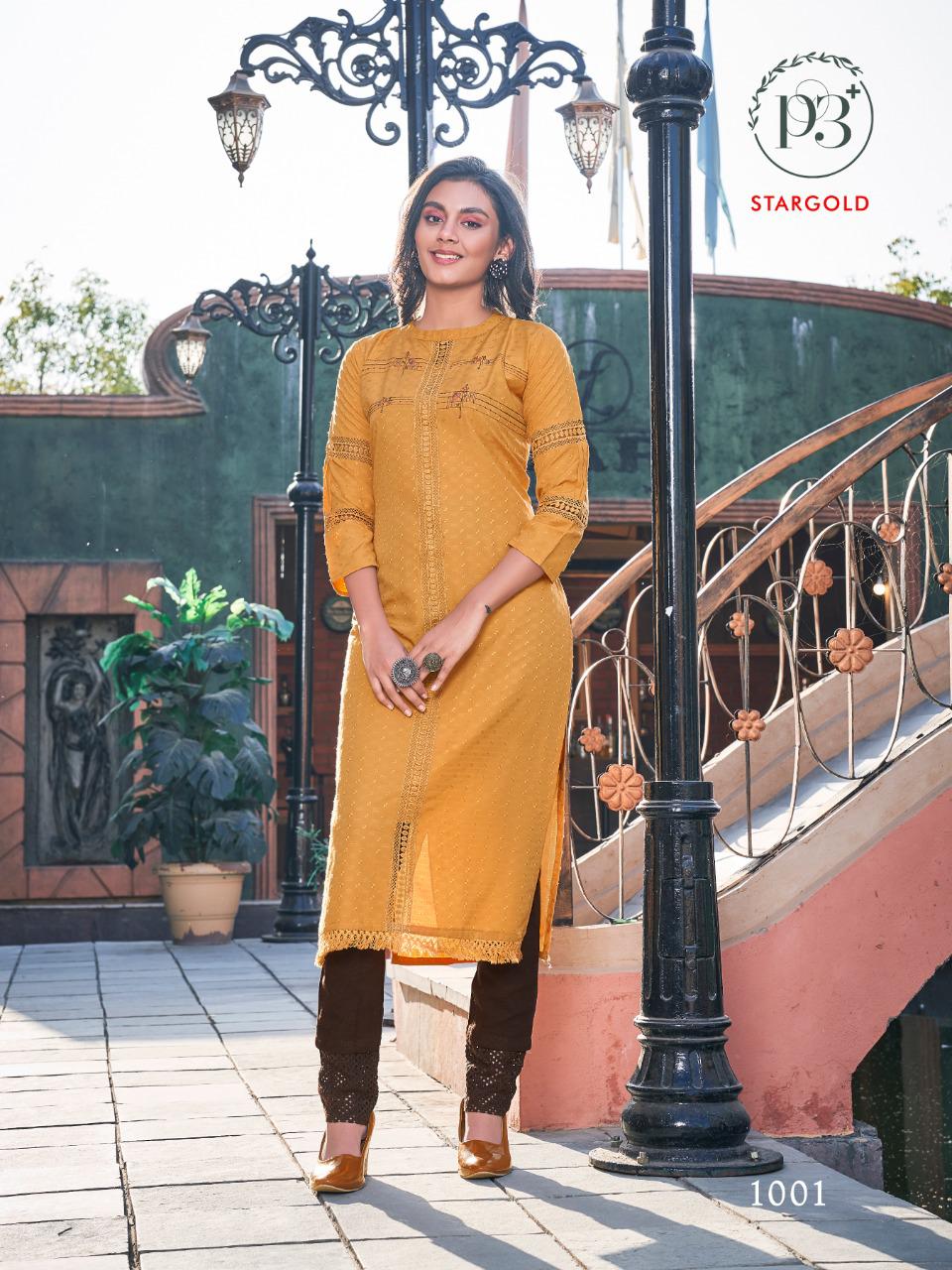 P3 Star Gold Latest Fancy Designer Ethnic Wear Poly Rayon Embroidery Kurti With Bottom Collection
