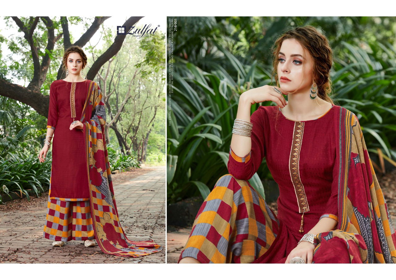 Zulfat Designer Patiala Beats Pashmina Print with Premium Elegantly Stitched Kashmiri Tie and Lace Pkazzo Suit Collection