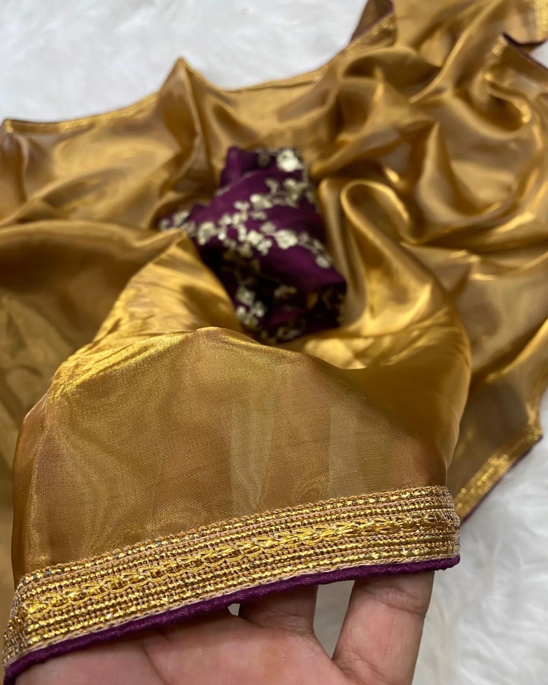 Vivera Golden Queen Satin Tissue Silk Party Wear Saree Suppliers In India