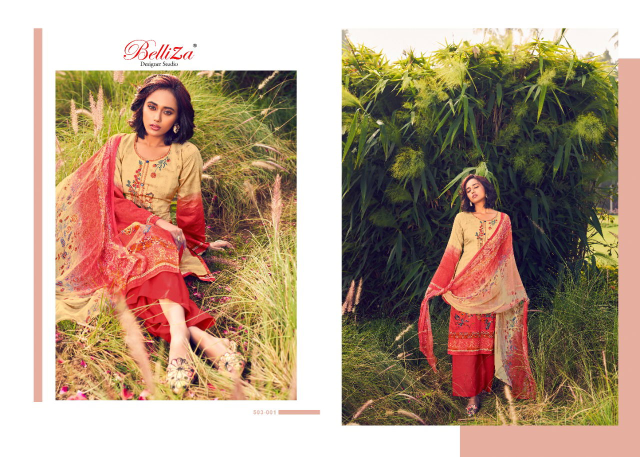 Belliza Rustic Garden Ethnic Wear Cotton Digital Print And Embroidery Work Top With Bemberg chiffon Dupatta Dress Materials Collection
