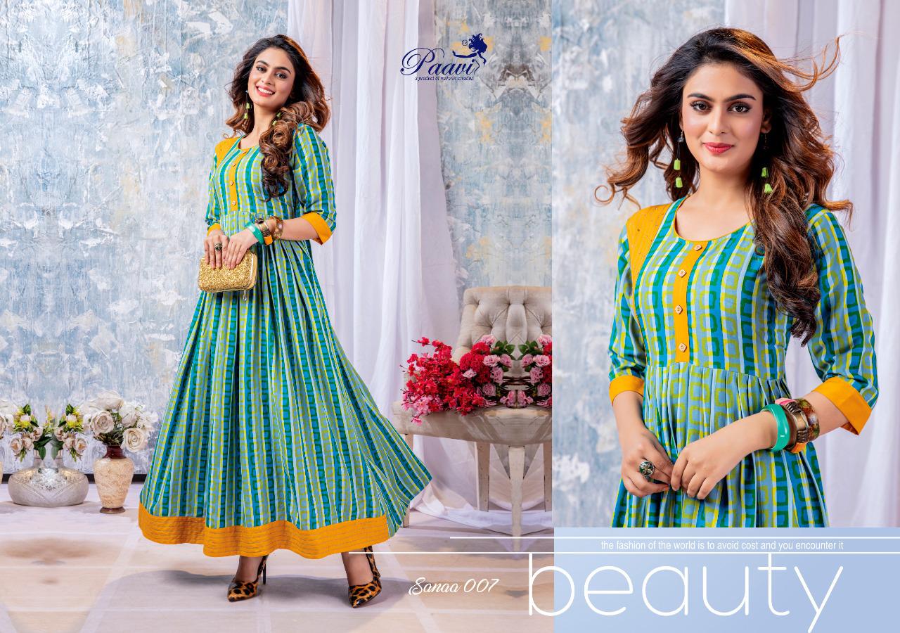 Paavi Sanaa Exclusive Stylish Designer Rayon Casual Wear Long Kurtis Collection 