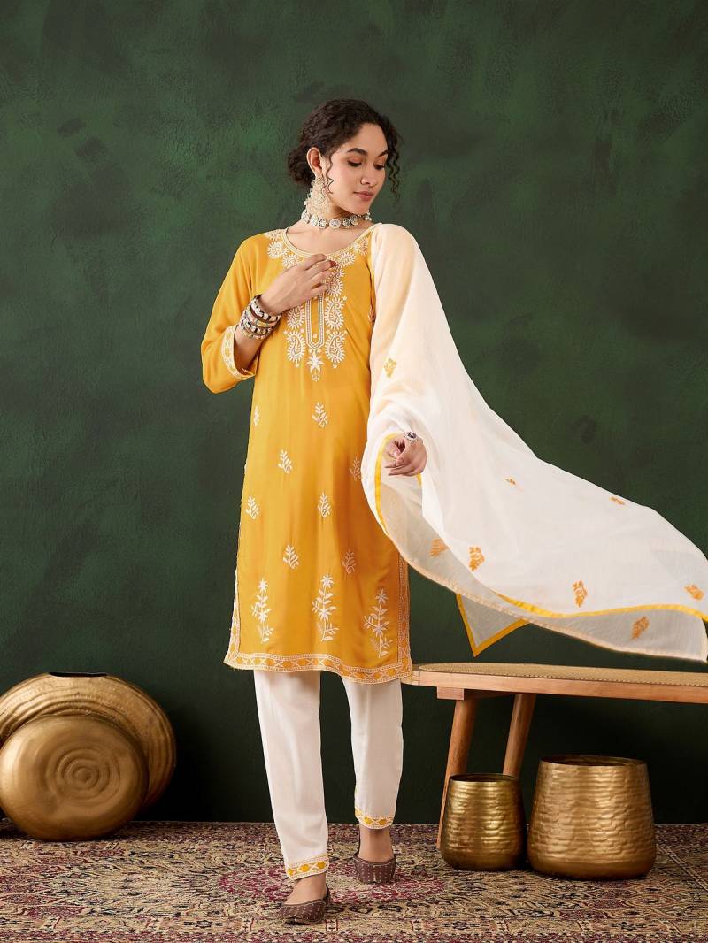 Color Set 8501 Rayon Chikankari Kurti Bottom With Dupatta Wholesale Price In Surat