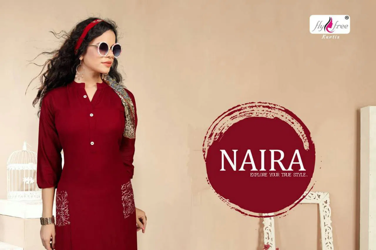 Fly Free Naira Latest Fancy Regular Casual Wear Heavy Rayon Designer Kurtis Collection
