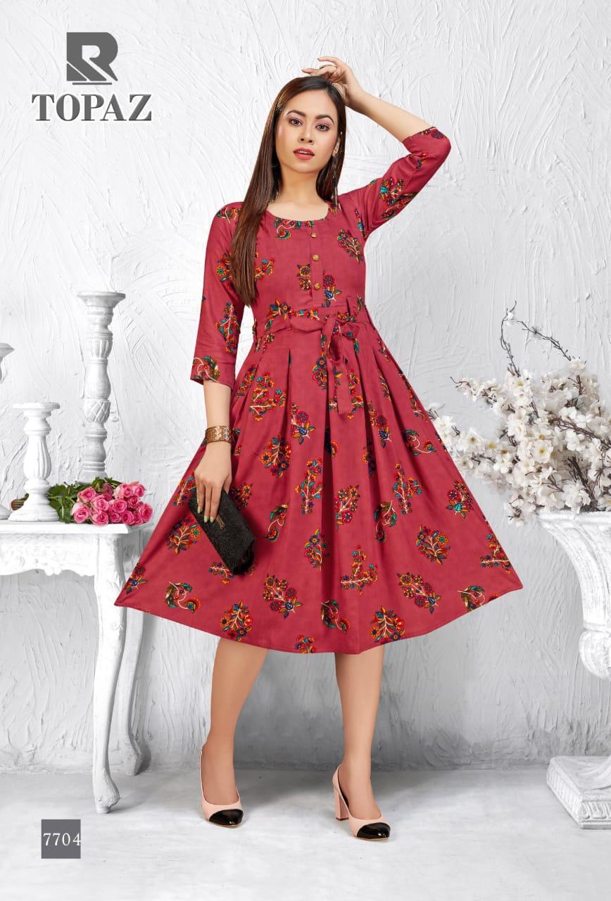 Raashi Topaz Latest Festive Wear Anarkali Style Heavy Rayon Printed Kurti Collection