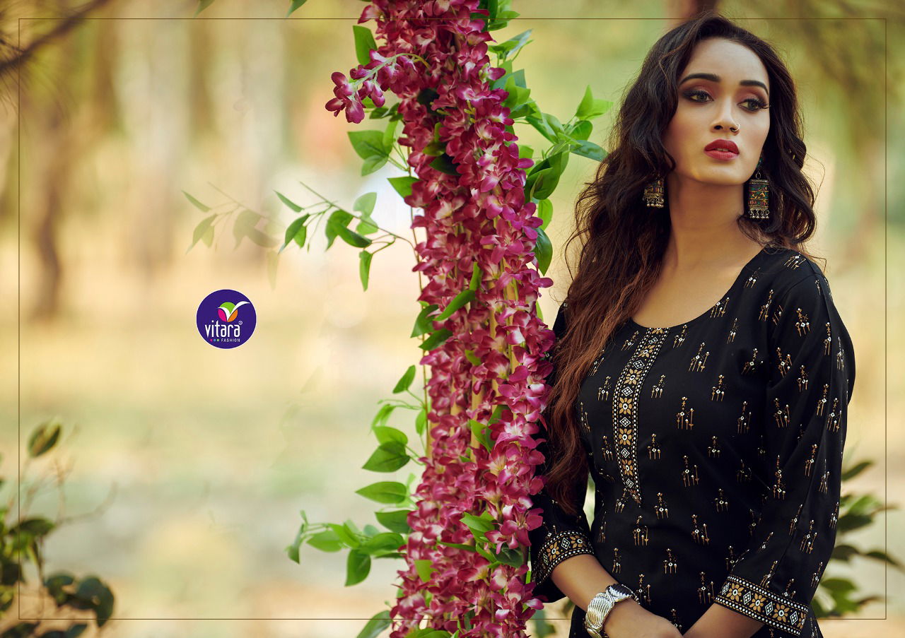 Vitara Marvel Latest Fancy Ethnic Wear Heavy Rayon Foil Printed Kurti With Bottom Collection
