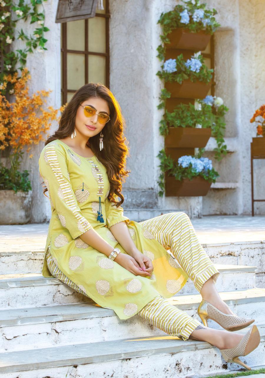 KIANA FITOOR Fancy Designer Festive Wear Rayon With Cotton Printed And Hand Work Kurtis With Bottom Collection