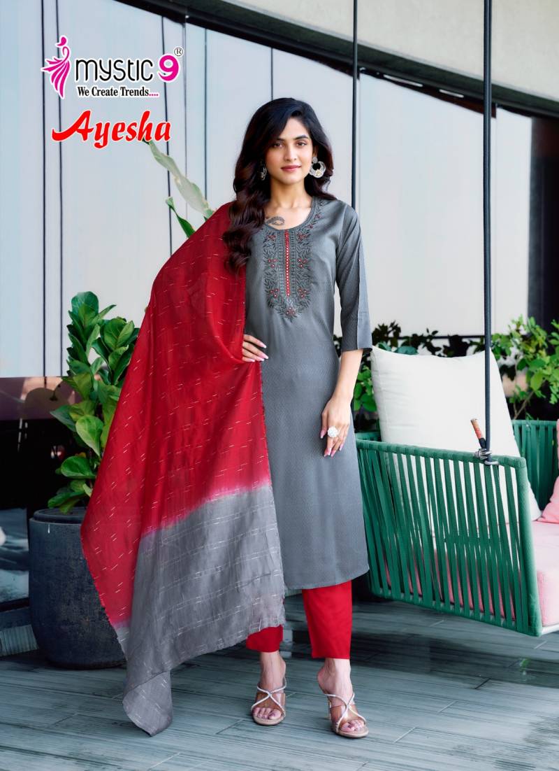 Mystic 9 Ayesha Vol 1 Rayon Dobby Kurti Bottom With Dupatta Wholesale Online