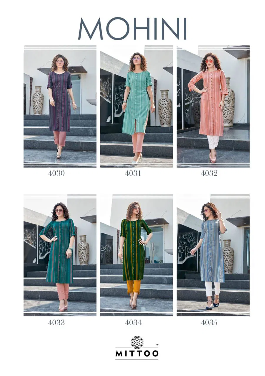 Mitto Mohini Weaving Strips Designer Party wear Kurtis with Rayon Slub Lycra Pant kurtis Collections