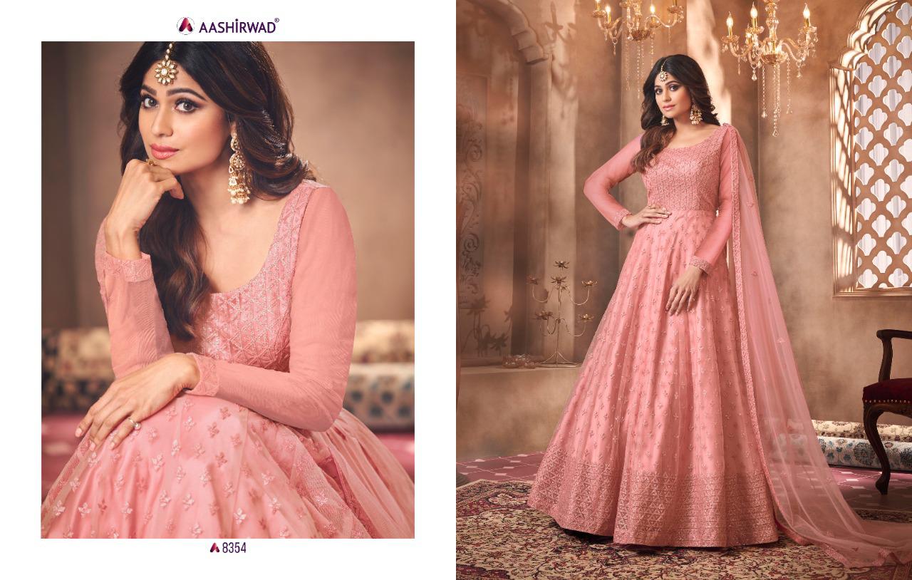 Aashirwad Advika 8354 Series Net Embroidery Gown With Dupatta Catalog