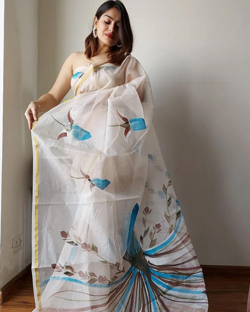 DF121 Organza Gold Patti Border Printed Designer Saree Catalog