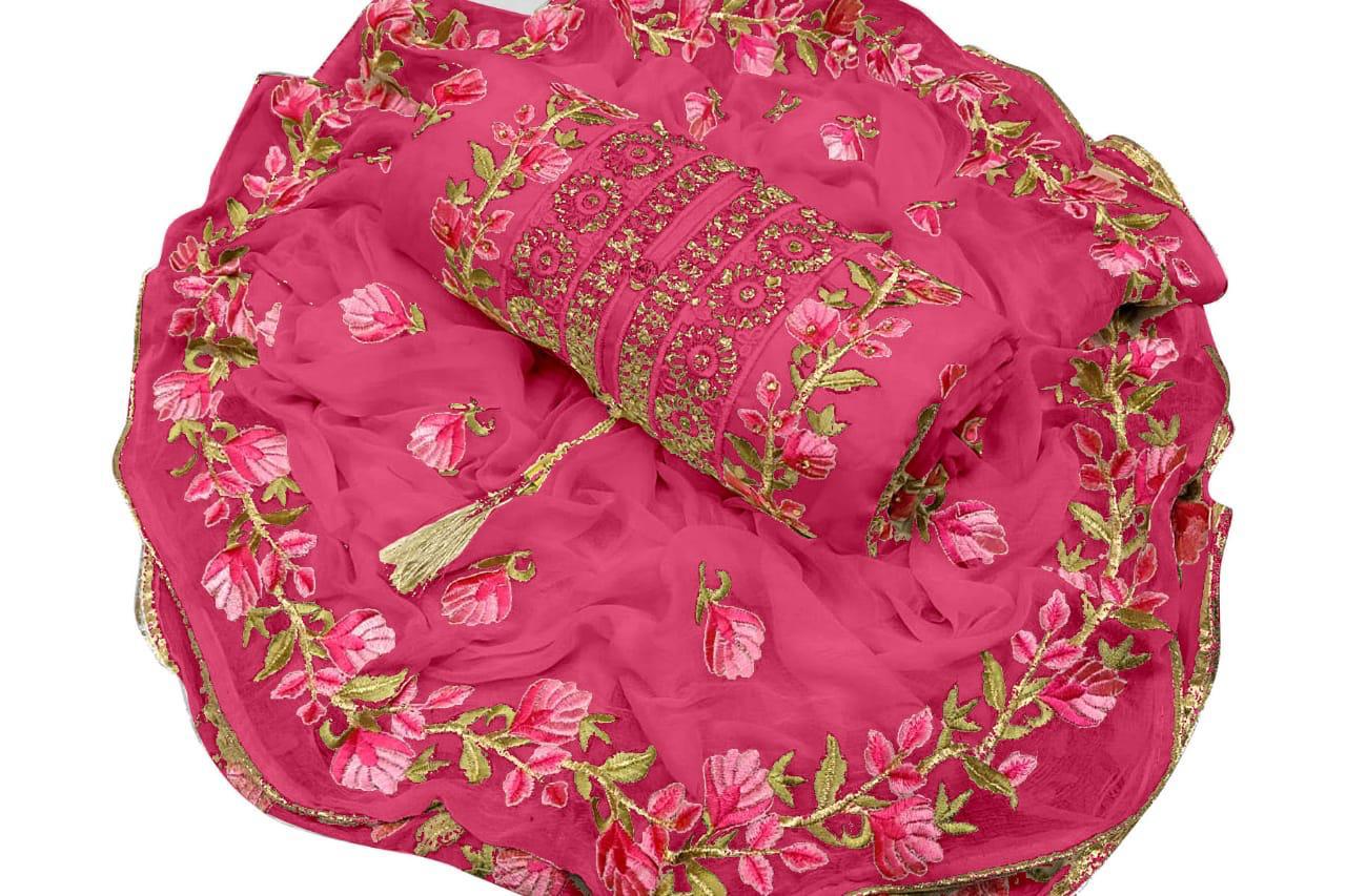 Chanderi Exclusive Designer Embroidered Dress Material With Najmin Embroidery Worked Four Sided Bordered Dupatta 