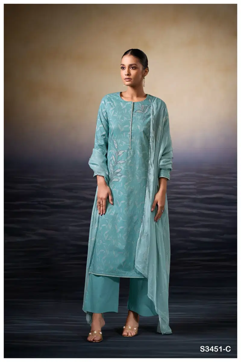 Kaczie 3451 By Ganga Cotton Printed Embroidery Dress Material Orders In India