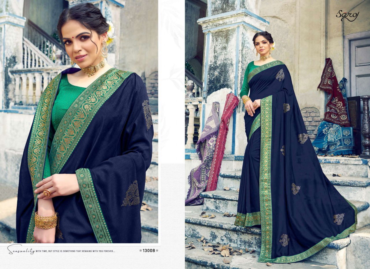 Saroj Tanvi Latest Fancy Festive Wear Designer Vichitra Silk With Beautiful Swarovski Butta And Banarasi Border Saree Collection
