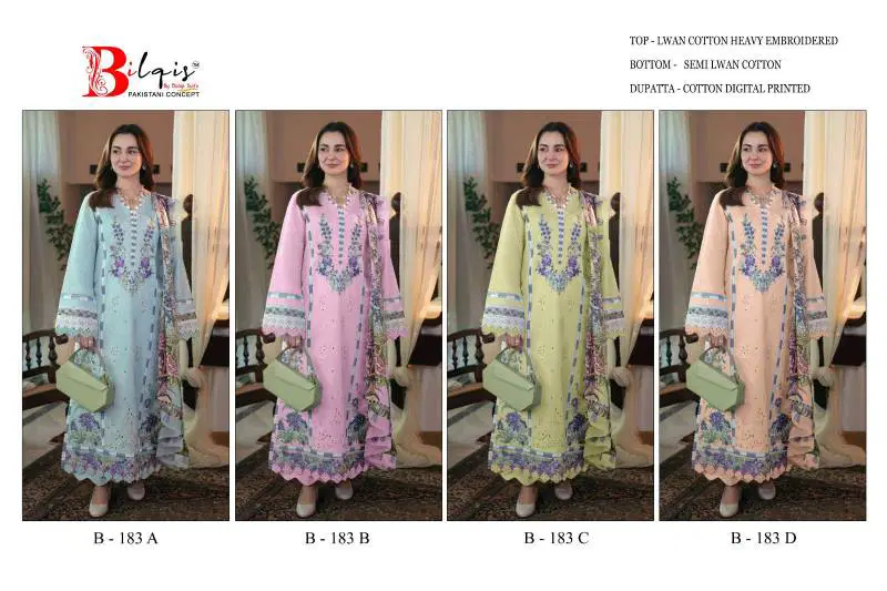 Bilqis B 183 Lawn Cotton Pakistani Salwar Kameez Wholesale Online