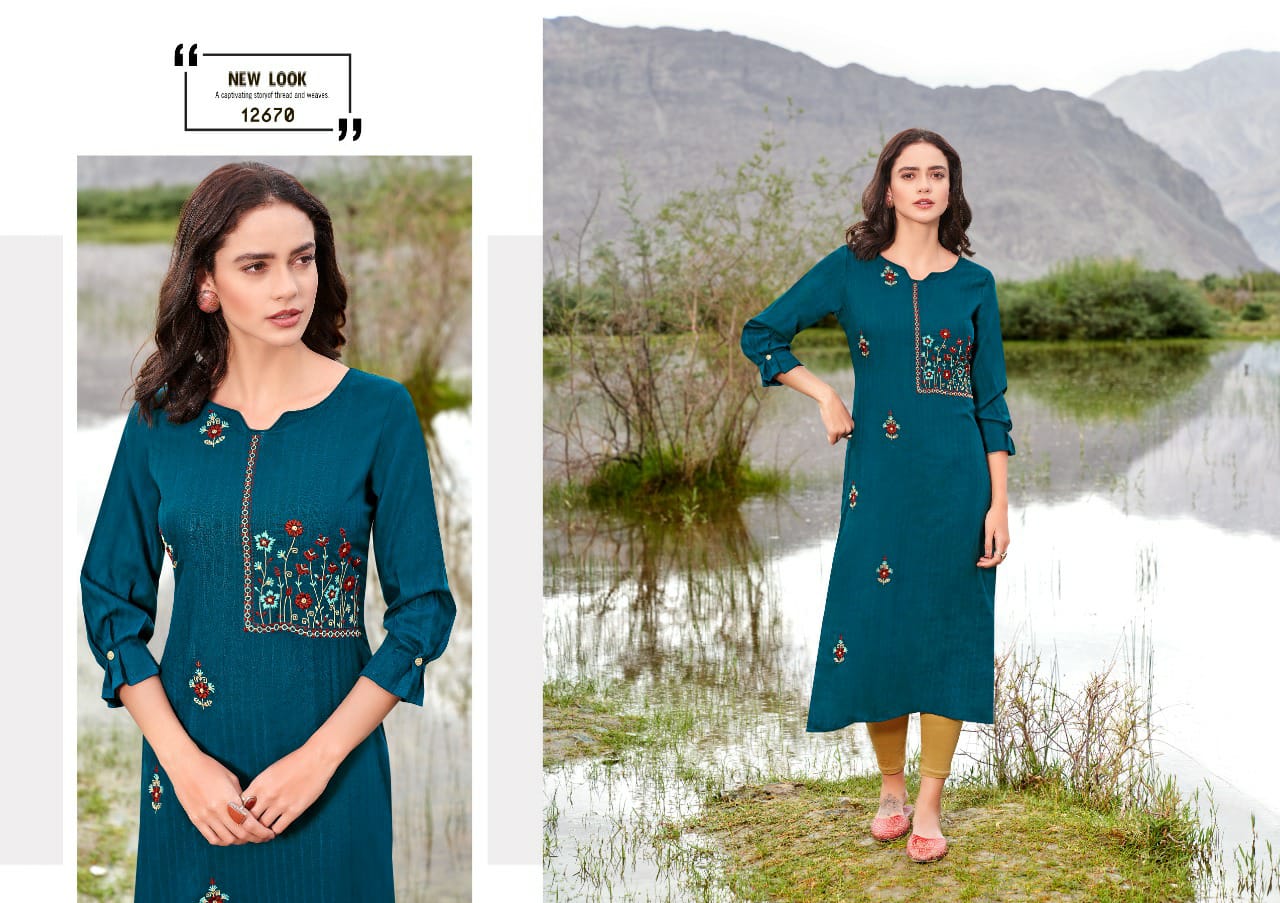 Kalaroop Beat Rayon With Embroidery Work Party Wear Designer Kurtis Collection
