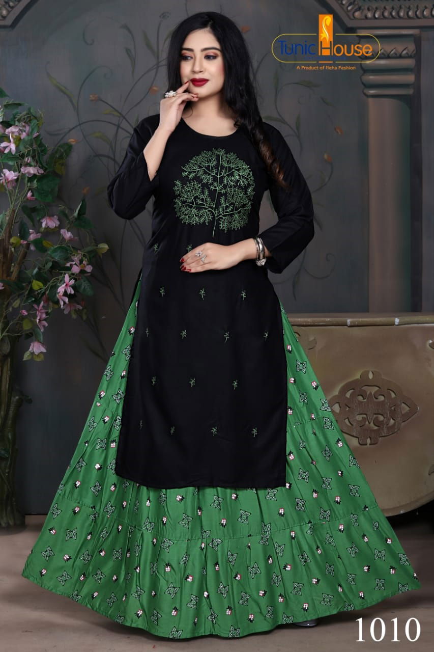 Tunic House Nexa 4 Embroidery Fancy Ethnic Wear Rayon With Embroidery Kurtis With Skirt Collection 
