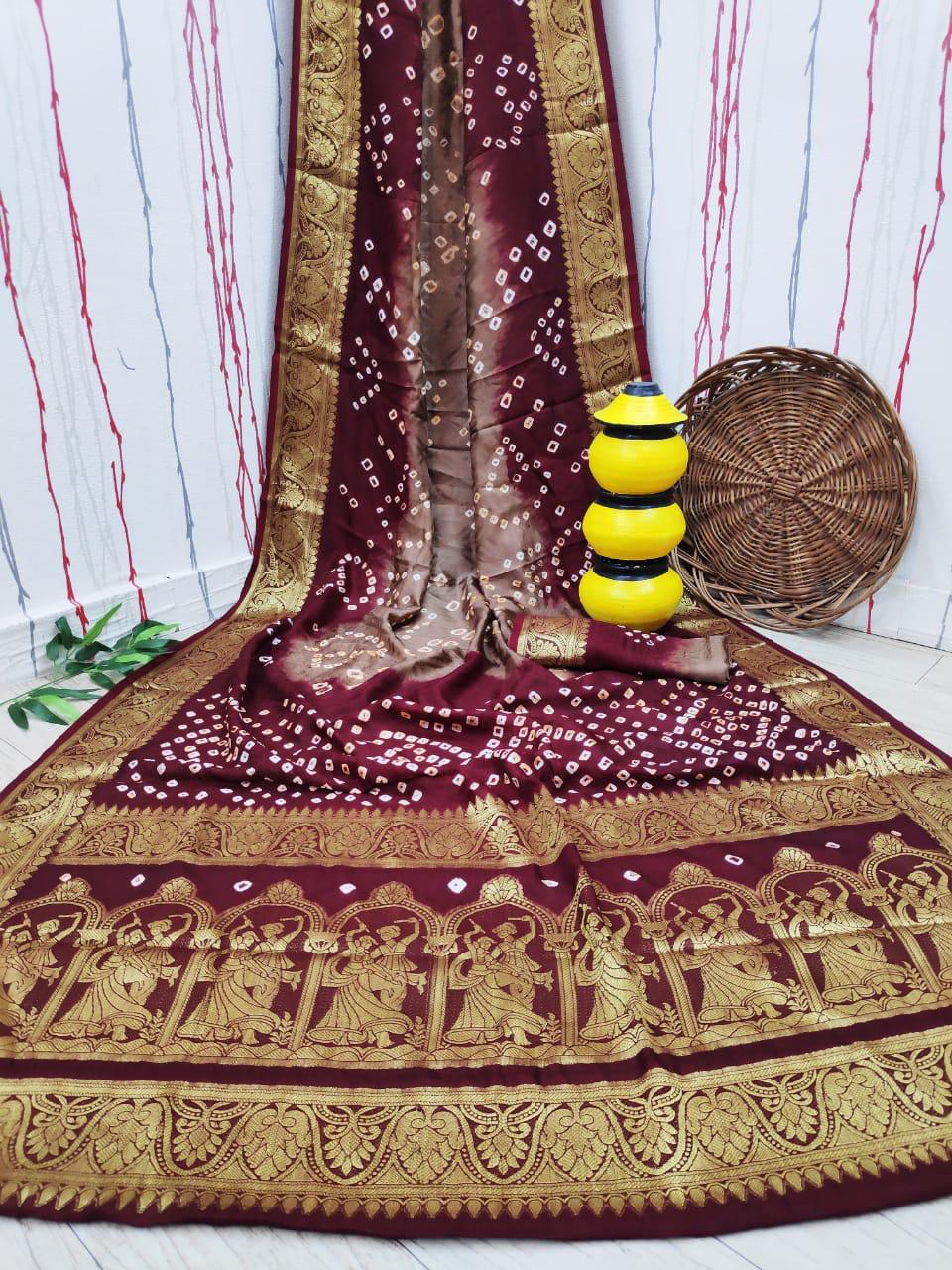 Rass Leela Bandhej Art Silk Weaving Bandhej Work Designer Sarees Collection
