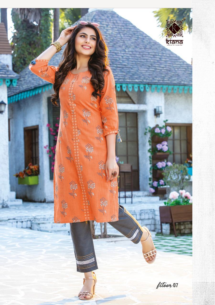 KIANA FITOOR Fancy Designer Festive Wear Rayon With Cotton Printed And Hand Work Kurtis With Bottom Collection