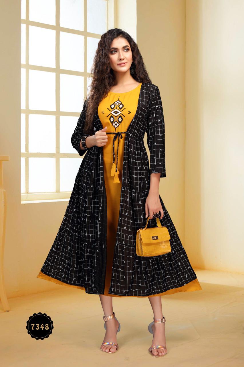 Ft Peacock Casual Wear Rayon Kurtis With Attached Jacket Collection
