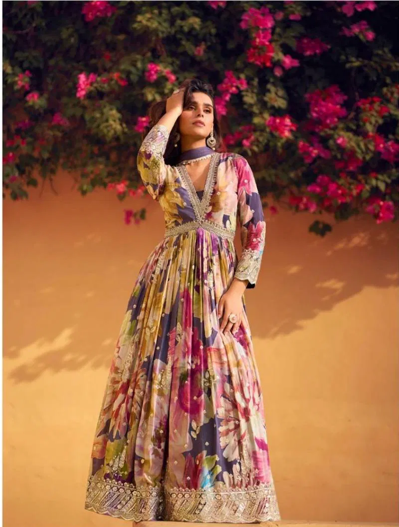 Super Duper Hit Rani 5747 To 5751 Chinon Embroidered Gown Suppliers In India