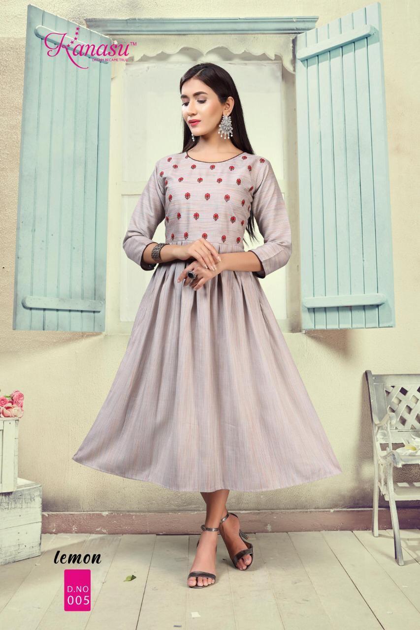 Kanasu Lemon Heavy Rayon Ethnic Wear Anarkali Long Designer Kurtis Collection
