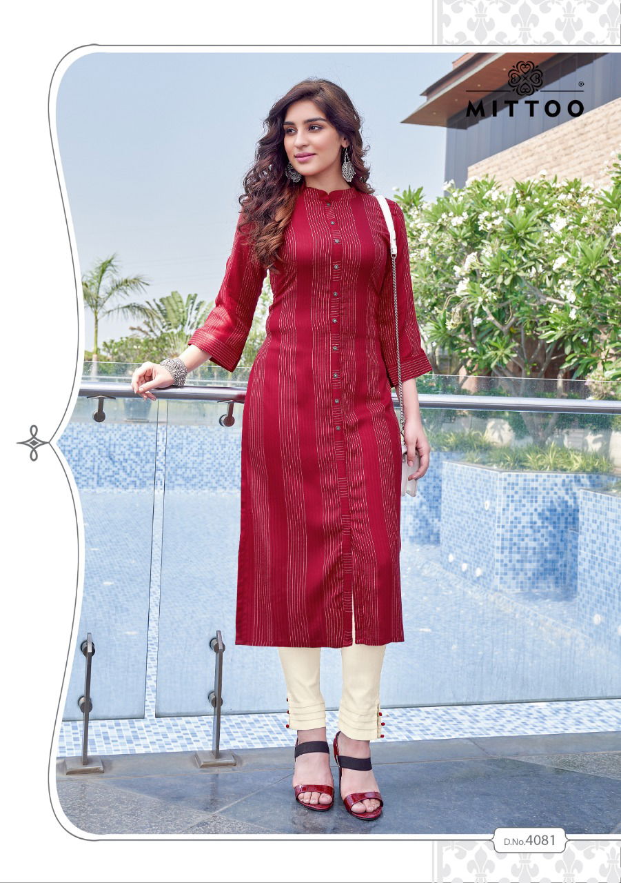Mittoo Mohini 10 Stylish Party Wear Rayon Weaving Strips Kurtis With Bottom Collection
