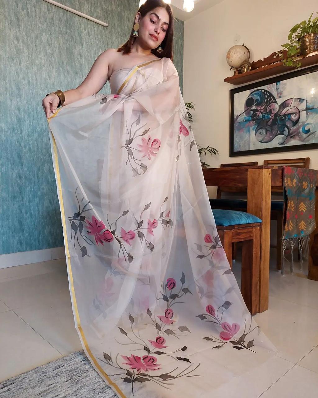 DF121 Organza Gold Patti Border Printed Designer Saree Catalog