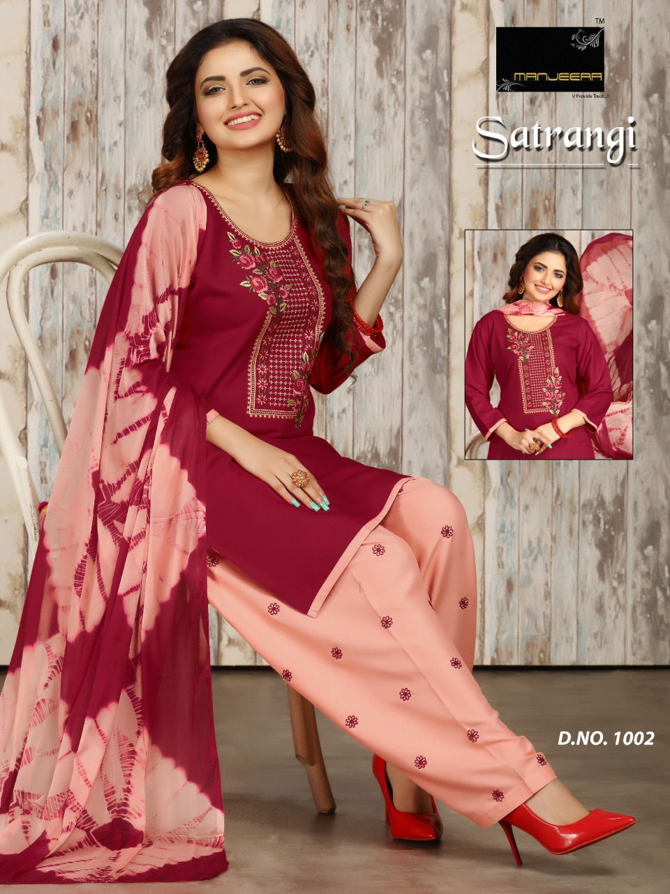 Satrangi Latest Casual Wear Rayon Worked Top With Salwar And Nazneen Dupatta Readymade Collection
