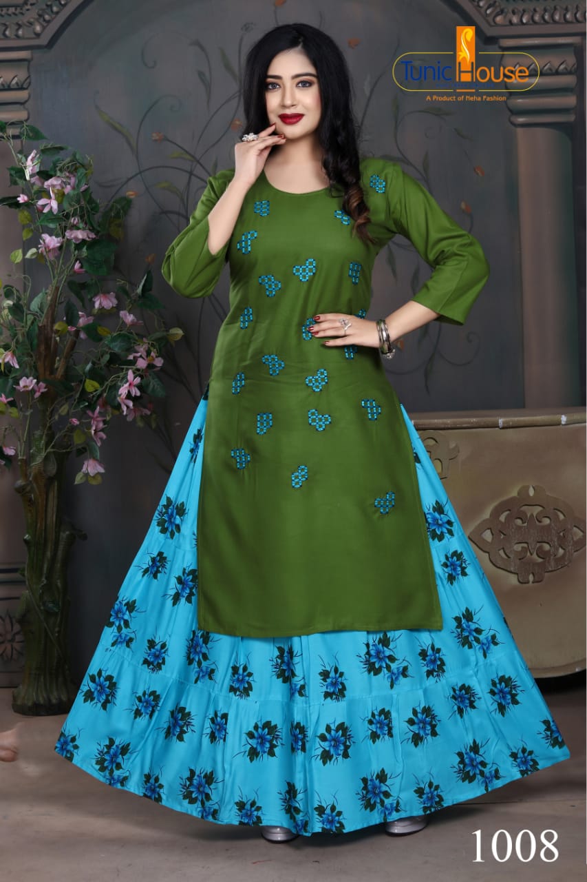 Tunic House Nexa 4 Embroidery Fancy Ethnic Wear Rayon With Embroidery Kurtis With Skirt Collection 
