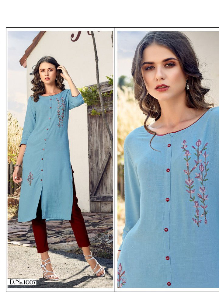 Baanvi Marigold 1 Latest fancy Designer Heavy Rayon Straight Cut Kurti Collection
