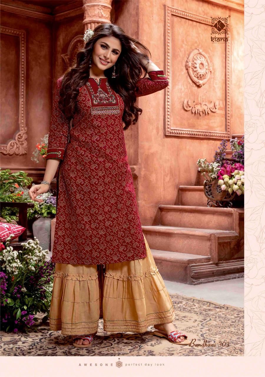 Kiana Bandhani 3 Festive Wear Pure Cotton Gold Print With Gotta Pati work Kurti With Bottom Collection
