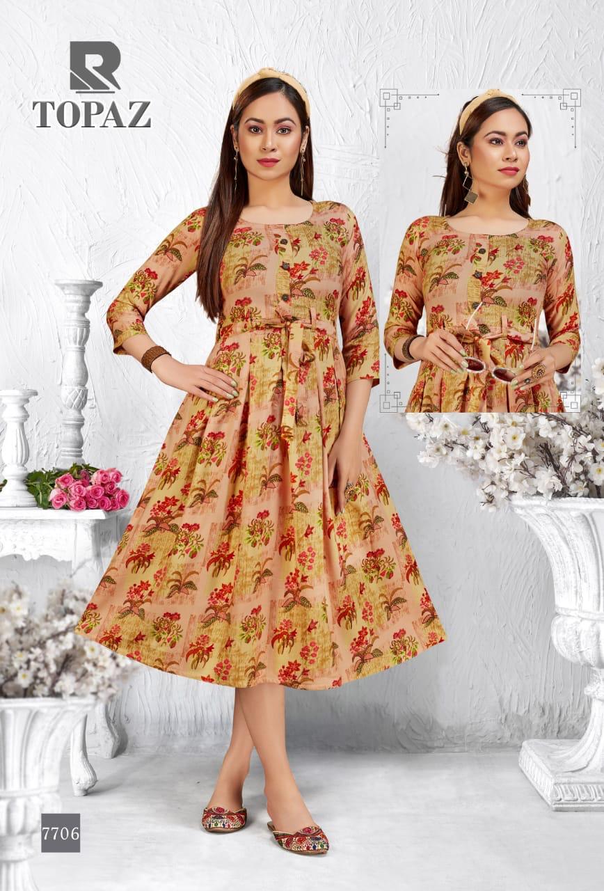 Raashi Topaz Latest Festive Wear Anarkali Style Heavy Rayon Printed Kurti Collection