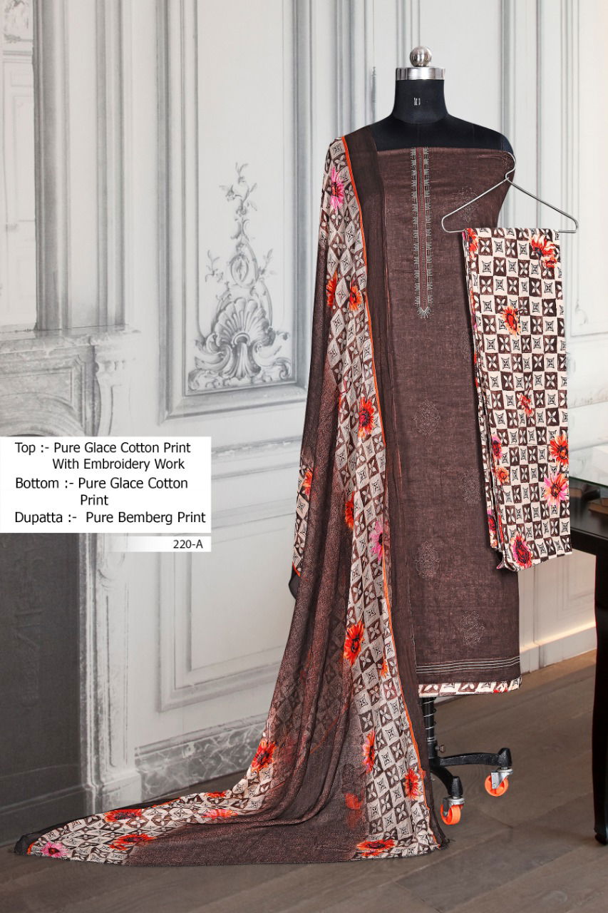 BIPSON 220 COLOURS Latest Designer Casual Daily Wear Cotton Glace Print with Embroidery work Dress Material 