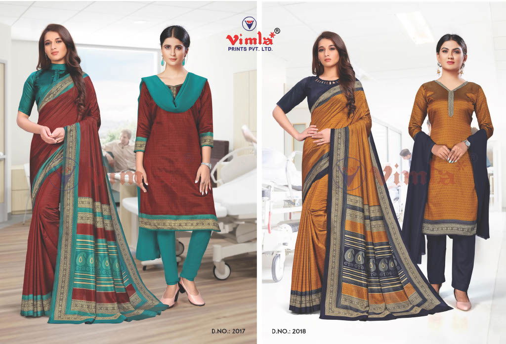Australian Silk Printed Uniform Dress With Saree Combo Catalog
